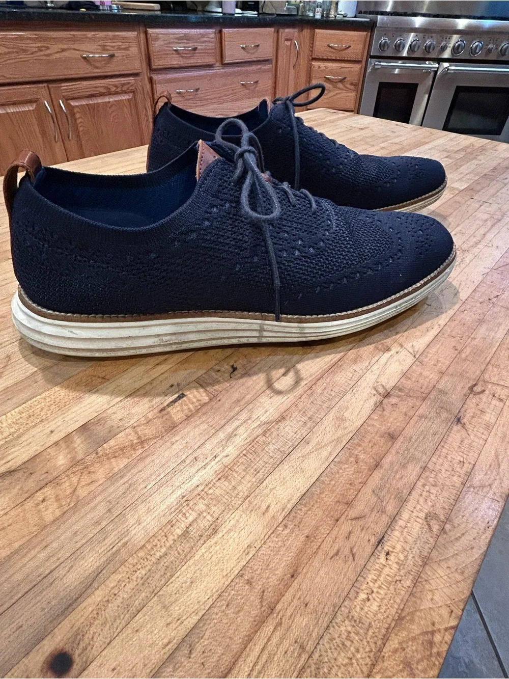 Cole Haan Navy Knit Lace-Up Slip-On Loafers with Tan Accents